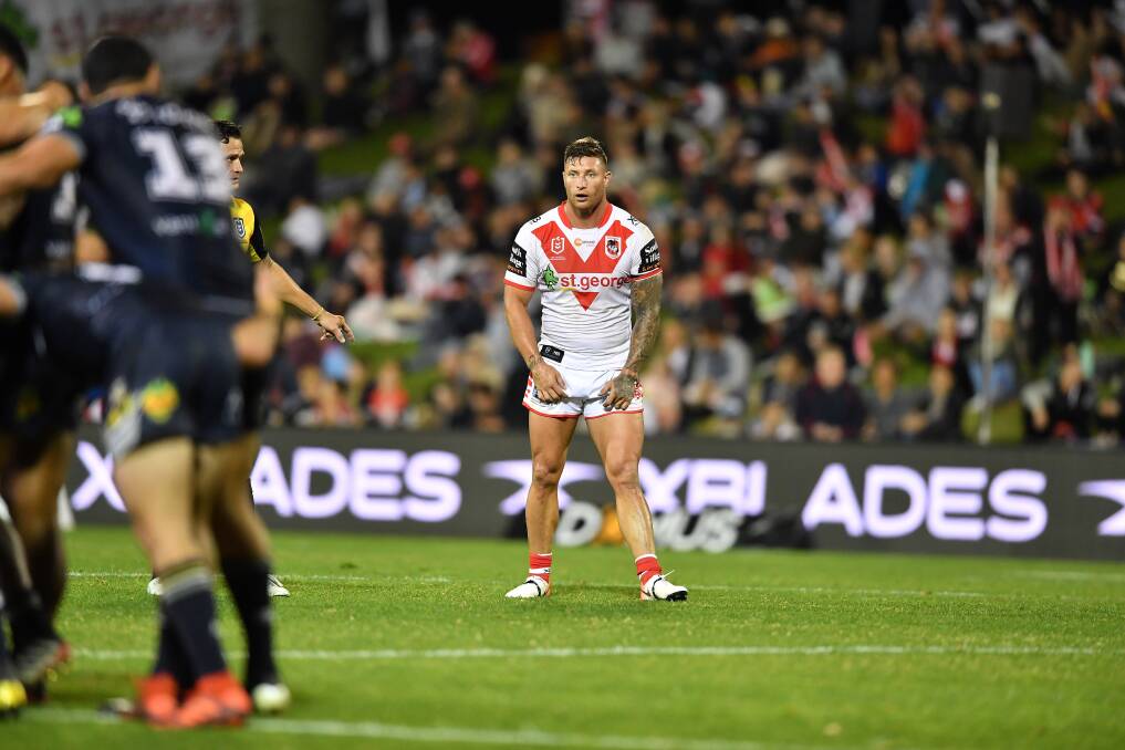 CHARGED: Tariq Sims could be rubbed out of Origin III after he was hit with a grade-two dangerous contact charge following a hit on Michael Morgan in the Dragons win over North Queensland on Friday night. Picture: NRL Photos