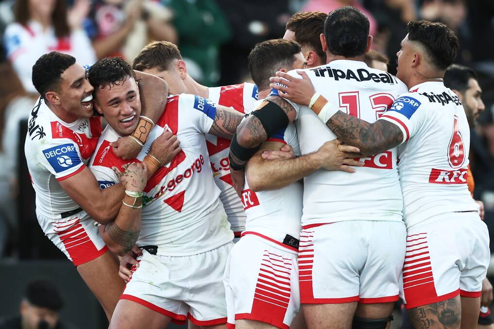 The Dragons celebrate Jaydn Su'A's try against the Rabbitohs on Saturday. Picture Getty Images