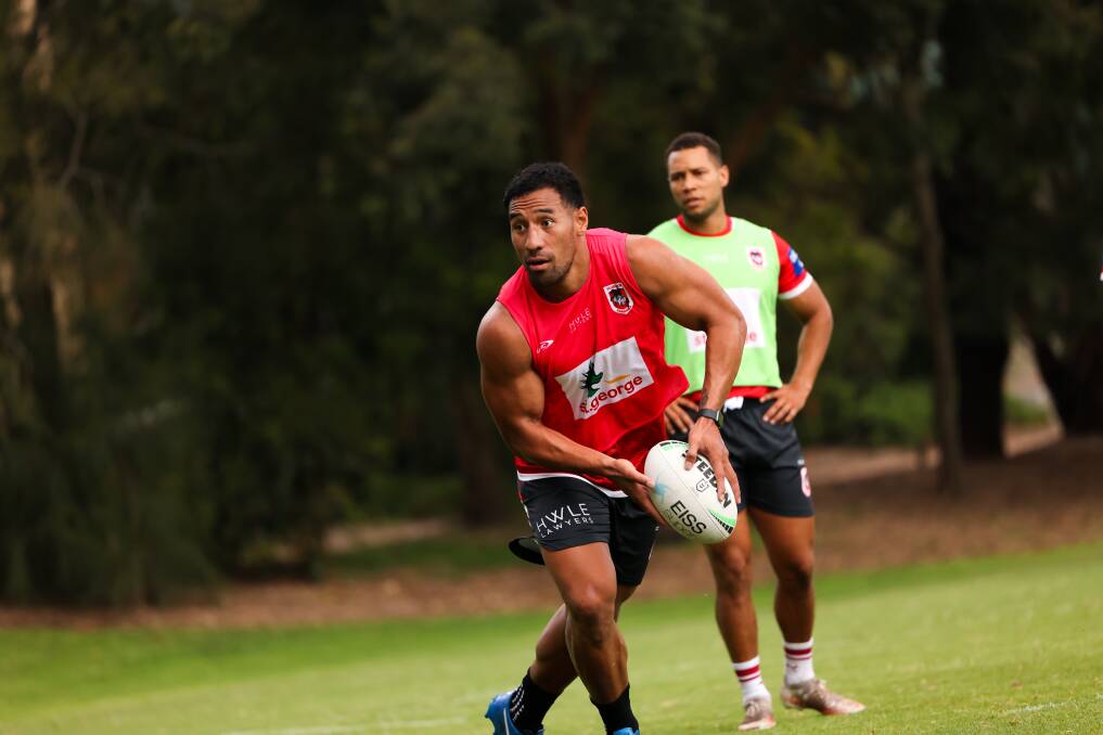 SURPRISE PACKET: Cut-price Dragons recruit Tautau Moga has played a huge role in mentoring the club's youngsters through preseason. Picture: Dragons Media