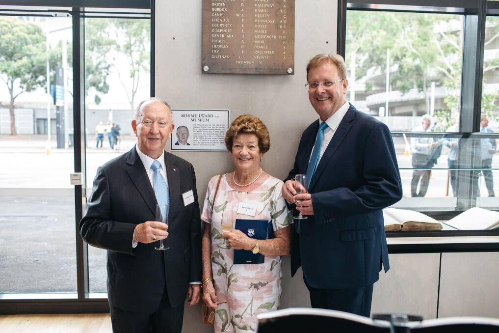 HONOURED: Bob Millward and wife Nancy with NSWRL CEO Dave Trodden at the opening of the NSW Centre of Excellence. Picture: Andre Cupido
