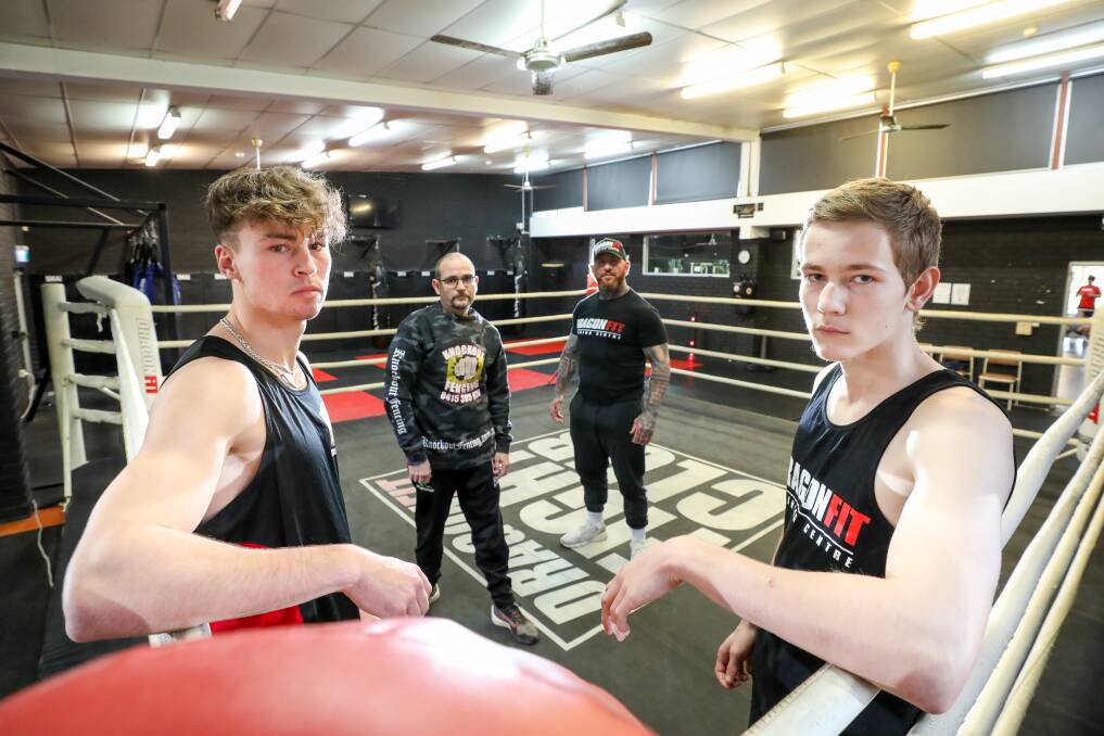 BACK: Dragonfit fight club crew (L to R) Matthew McCance, Brad Gallagher, Josh Miller and Jake Warby. Picture: Adam McLean