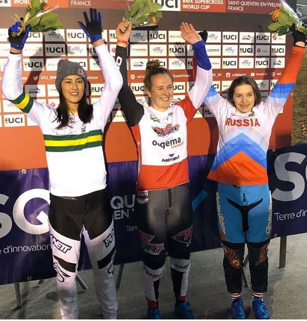 ON THE PODIUM: Helensburgh's Saya Sakakibara (left) won bronze at the first round of the UCI BMX Supercross World Cup in France on Saturday. Picture: BMXHP Instagram
