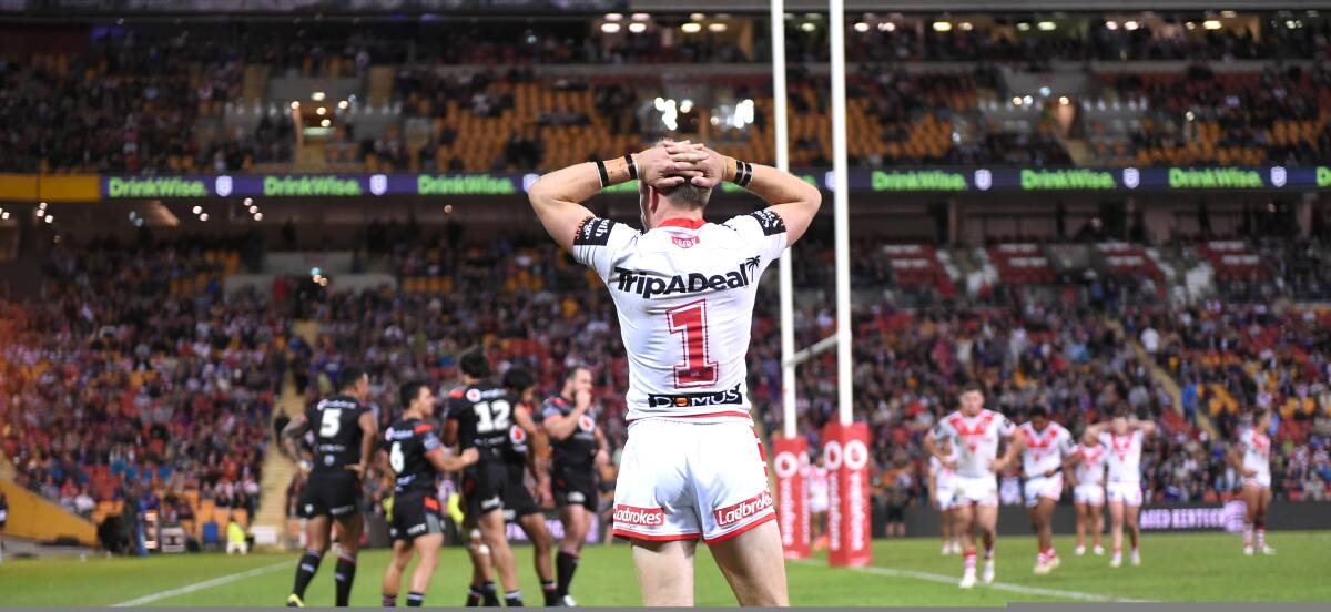 DEJECTED: Matt Dufty bemoans his side's loss to the Warriors on Saturday night. Picture: NRL Photos