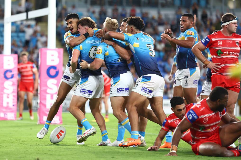 The Titans celebrate Toby Sexton's match-winner on Sunday. Picture - Getty Images