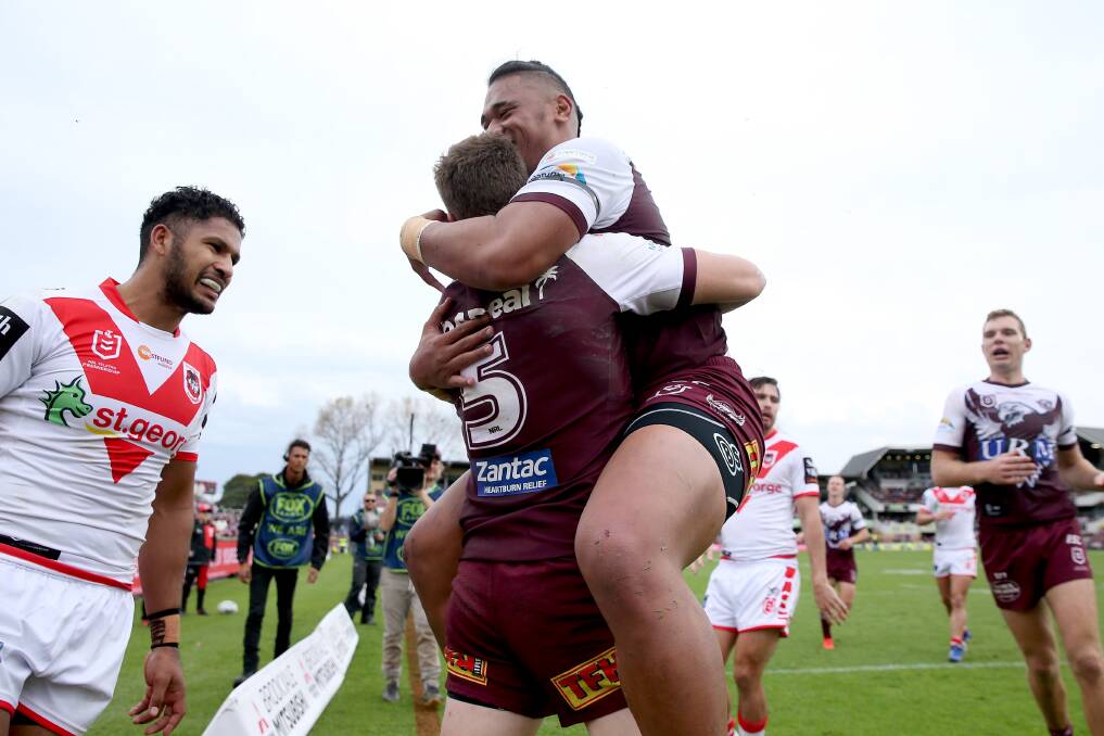HOW GOOD: The Eagles celebrate Reuben Garrick's first-half try in their win over the Dragons on Sunday. Picture: NRL Photos