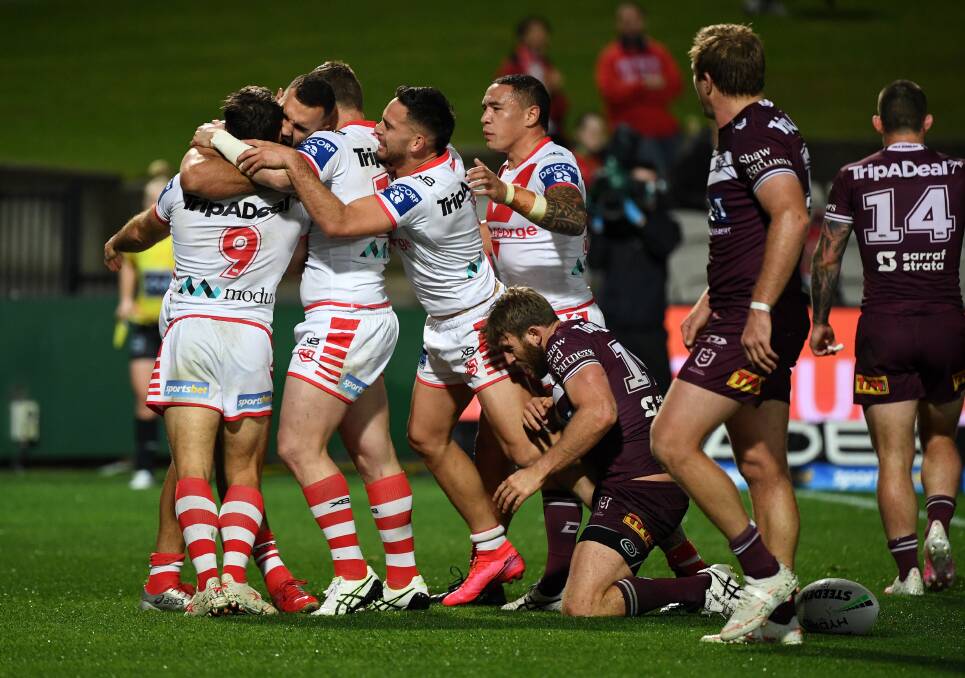 NICE: The Dragons celebrate Josh Kerr's try in their big win over Manly. Picture: NRL Imagery