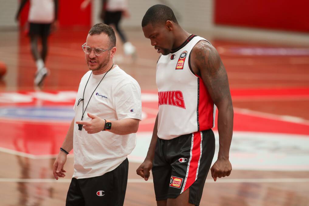 Hawks coach Jacob Jackomas with newly arrived import Michael Frazier II. Picture by Adam McLean 