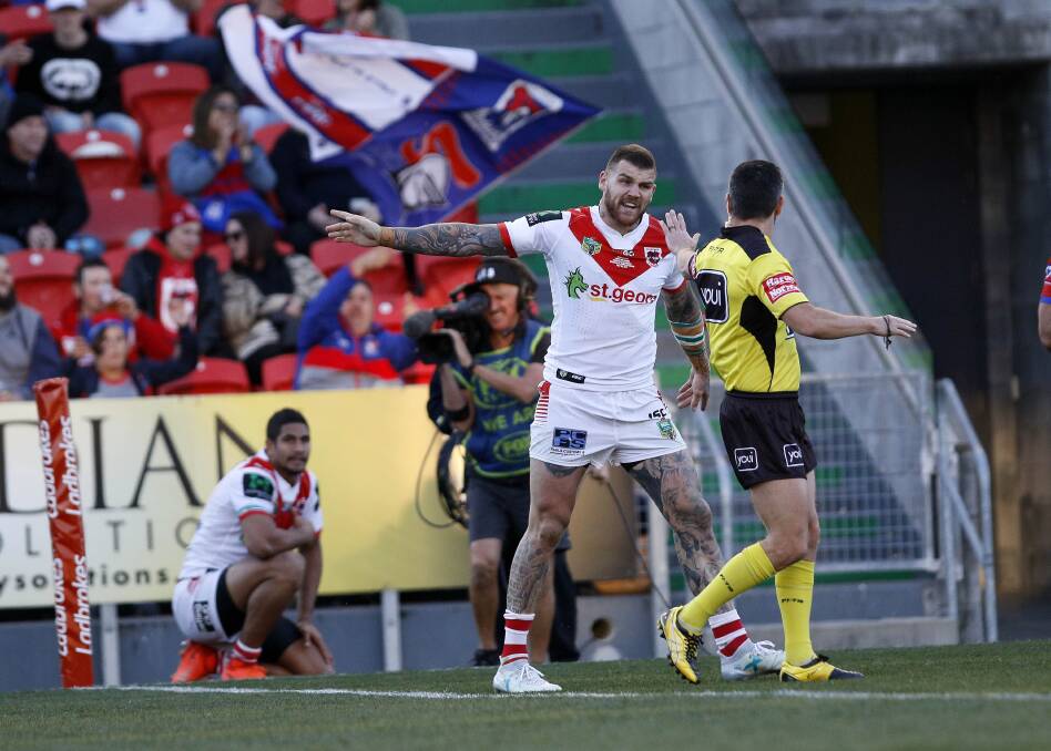 DEAF EARS: Dragons centre Josh Dugan protests one of several calls that went against his side in a 21-14 defeat to Newcastle on Saturday. It's put the club's finals hopes on shaky ground. Picture: AAP