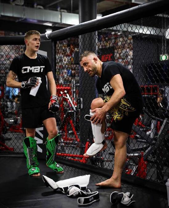 HARD STUFF: Colby Thicknesse and UFC featherweight champion Alex Volkanovski in Las Vegas last year. Picture: Facebook