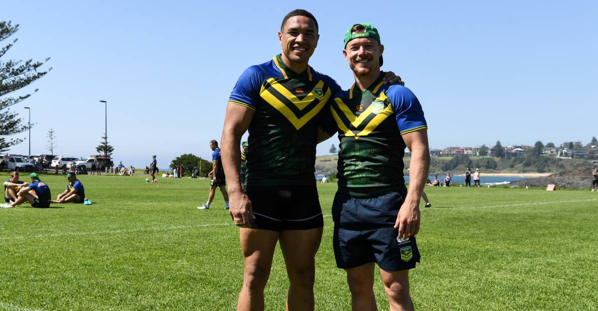 FEELS LIKE HOME: Illawarra juniors Tyson Frizell and Damien Cook at Thursday's Kangaroos' captain's run. Picture: NRL Photos