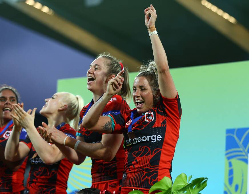 HOW GOOD: Dragons skipper Sam Bremner celebrates her side's victory on Saturday's NRL Nines final. Picture: NRL Photos