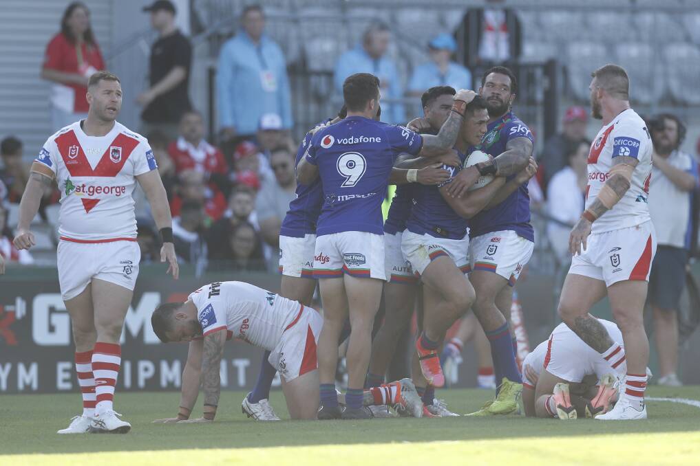 ICED: The Warriors celebrate Roger Tuivasa-Sheck's match-winner on Sunday. Picture: Getty Images
