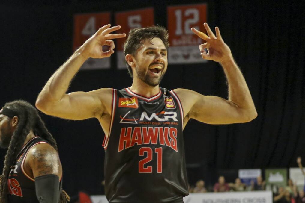 NICE: Todd Blanchfield celebrates his dagger three in the Hawks win over New Zealand on Friday night. Picture: AAP