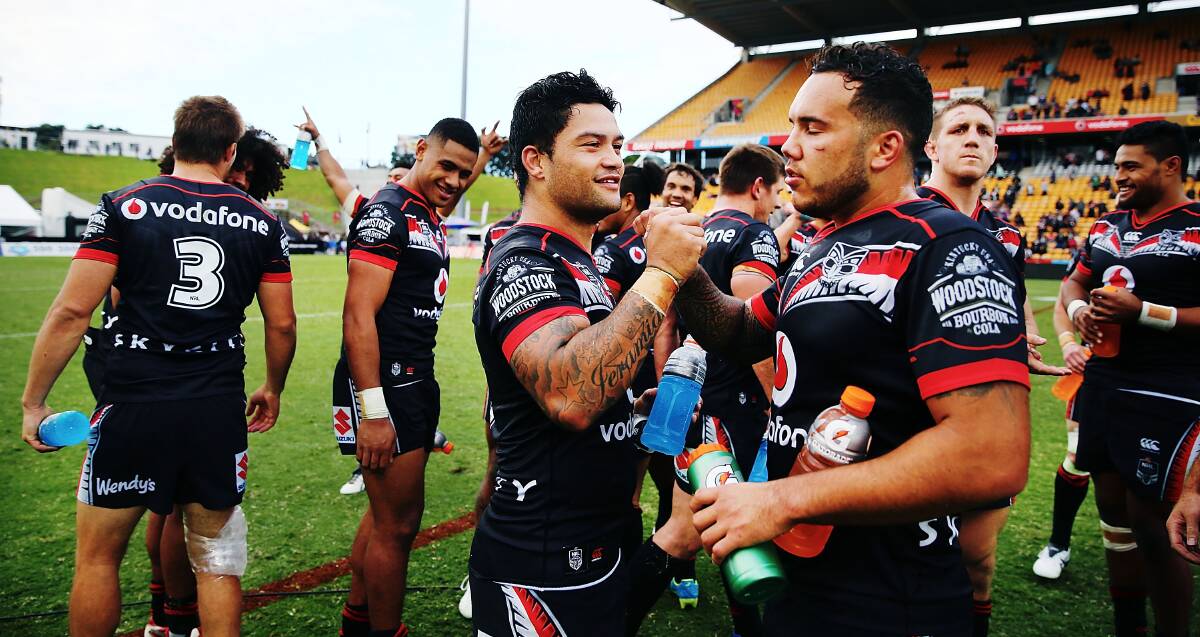AGAINST THE ODDS: New Zealand players celebrate their round nine win over the Dragons which came without six of their biggest stars. Picture: Getty Images