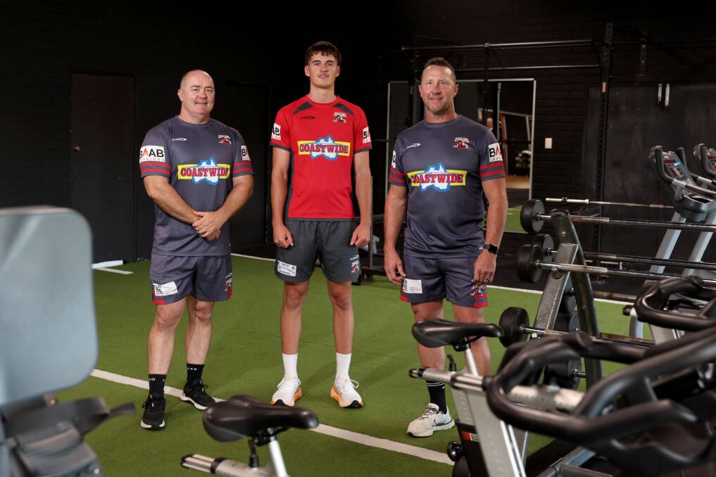 Steelers SG Ball coach Shaun Timmins (right) with assistant coach Mark Riddell (left) and player Toby Rumble (centre) at the club's new training academy. Picture by Sylvia Liber