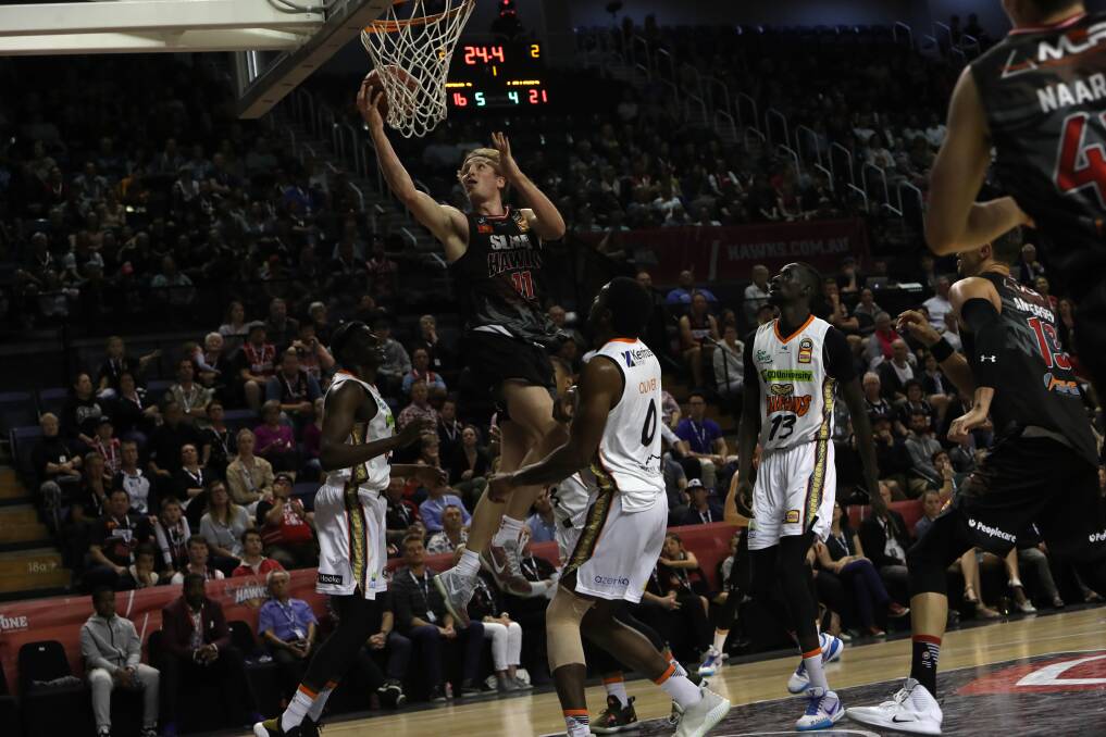 AERIAL: Daniel Grida attacks the basket in the Hawks clash with Cairns at the WEC on Monday night. Picture: Sylvia Liber