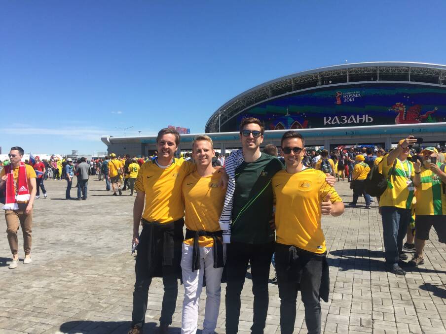 ON TOUR: Mercury football writer Mitch Cohen (left) and his traveling companions in Samara ahead of the Socceroos second group match against Denmark.