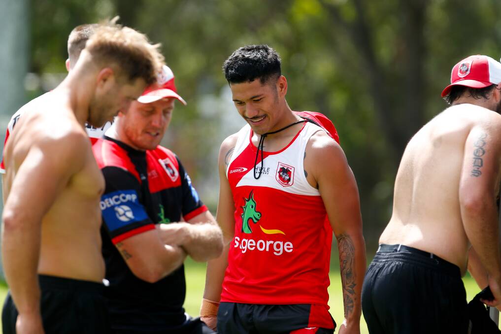 Dragons star Talatau Amone's legal team has launched bid for the NRL reverse his no-fault stand-down. Picture by Anna Warr