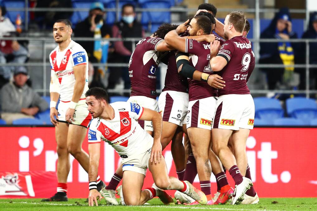 TOUGH NIGHT: The Dragons were completely outgunned by the Sea Eagles in the second half on Friday night. Picture: Getty Images