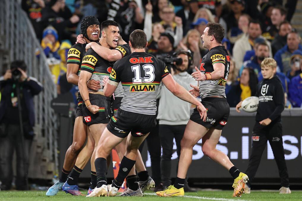 The Panthers celebrate Charlie Staines second-half try on Sunday night. Picture - Getty Images