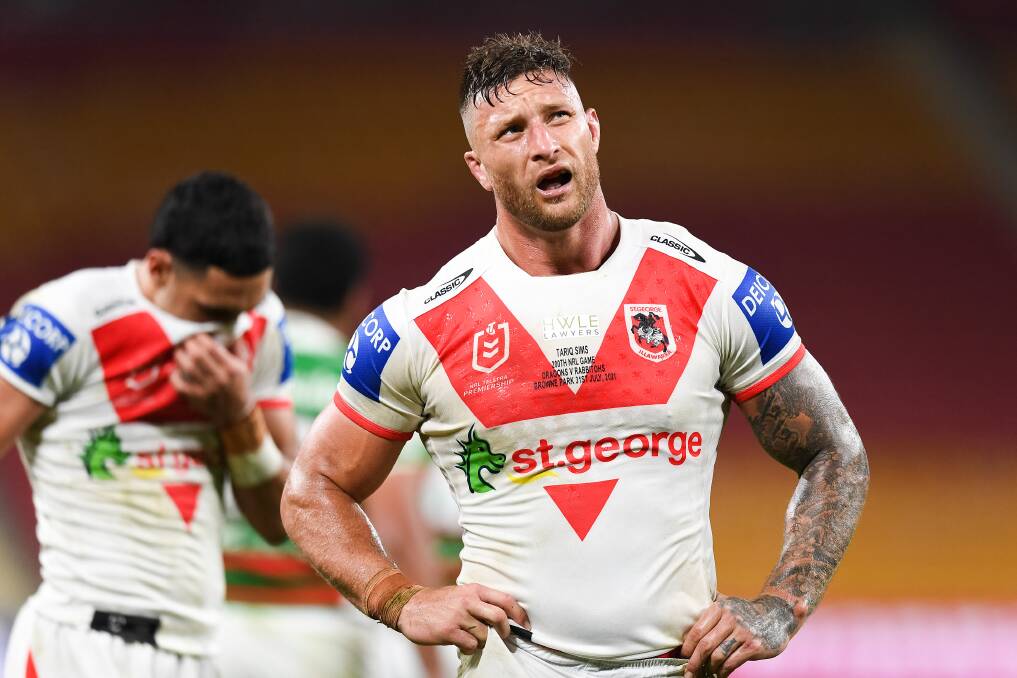 ROUGH NIGHT: Tariq Sims 200-game milestone proved a forgettable on, with the Dragons hammered 50-14 by the Rabbitohs on Sunday night. Picture: Getty Images