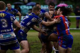 Wests prop Braith Lawrence-Foye is met by the Butchers defence in the Devils loss to Thirroul on Saturday. Picture by Sylvia Liber