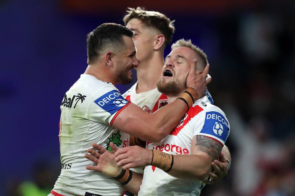 HOW GOOD: The Dragons celebrate Matt Dufty's second try against the Eels on Sunday. Picture: NRL Imagery