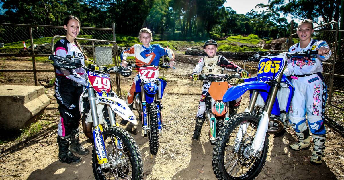 READY: Tanesha Harnett, Mackenzie Johnson, Joey Harnett and Tanah Ariey will take to the track at Wollongong Motorcycle Club's first point-score. Picture: Georgia Matts.