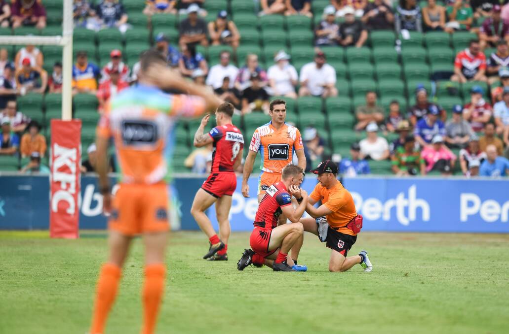 OUCH: Matt Dufty suffered a fractured cheekbone just seconds into the Dragons clash with the Eels at the NRL Nines on Saturday. Picture: NRL Photos