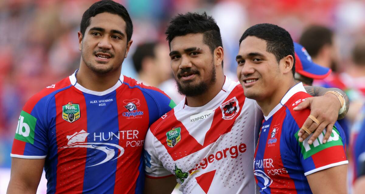 FAMILY REUNION: Peter Mata'utia, pictured with brothers Chanel and Sione, has been granted a release by the Dragons to link with Newcastle. Picture: Jonathan Carroll