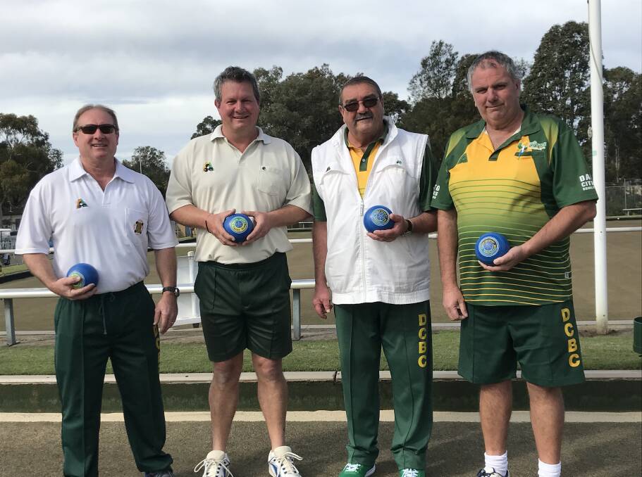 Title decider: Chris Green and partner John Hills with John Sperring and partner Rod Taylor ahead of their Dapto Citizens Major Pairs final. Picture: Mike Driscoll