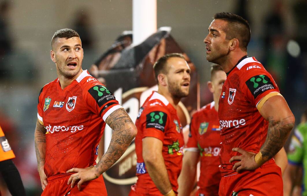 SINKING FEELING: The Dragons slump to their  seventh loss from their past 10 games against the Raiders on Friday. Picture: Getty Images