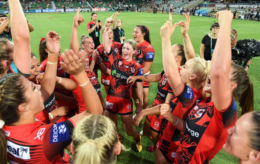 HOW GOOD: The Dragons celebrate their victory in Saturday's NRLW Nines final. Picture: NRL Photos