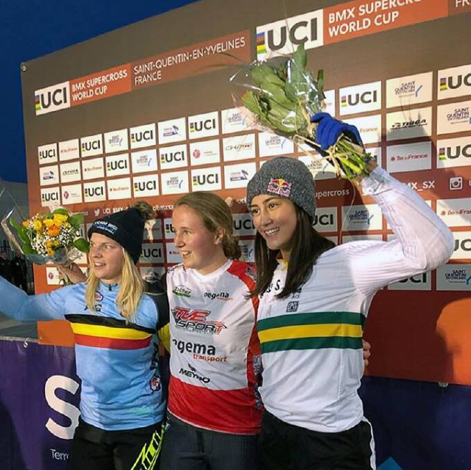PODIUM: Helensburgh's Saya Sakakibara (right) claimed silver in round two of the UCI BMX World Cup in France on Monday. Picture: Instagram