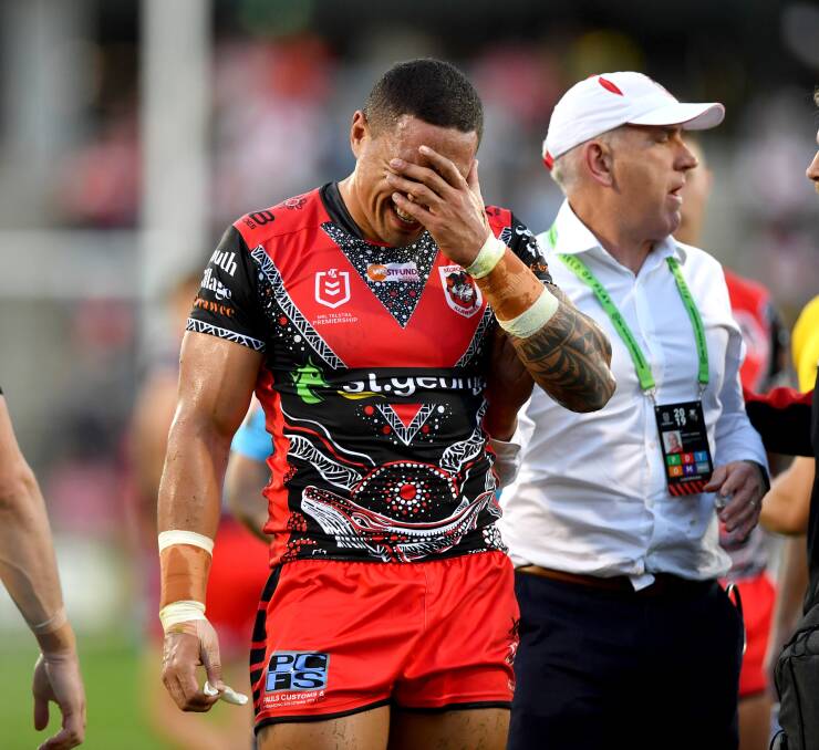 OUCH: Tyson Frizell leaves the field concussed on Sunday. Picture: NRL Photos