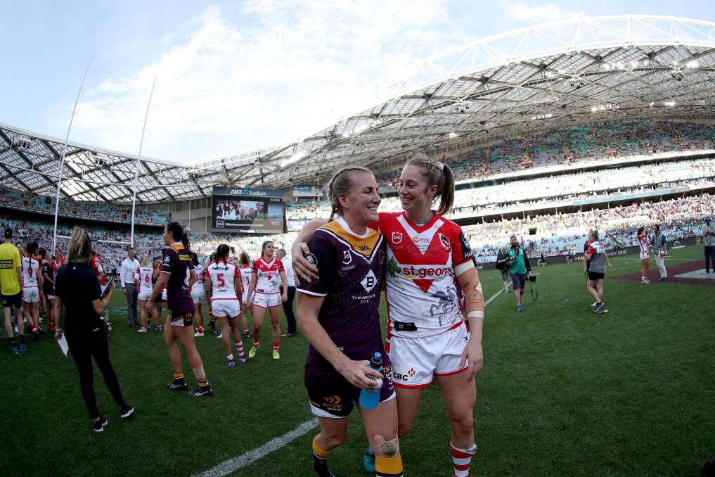 QUERY: NRLW star Ali Brigginshaw (pictured with Jillaroos teammates Kezie Apps) has questioned whether the NRL really did exhaust all options to help this year's competition go ahead. Picture: NRL Imagery