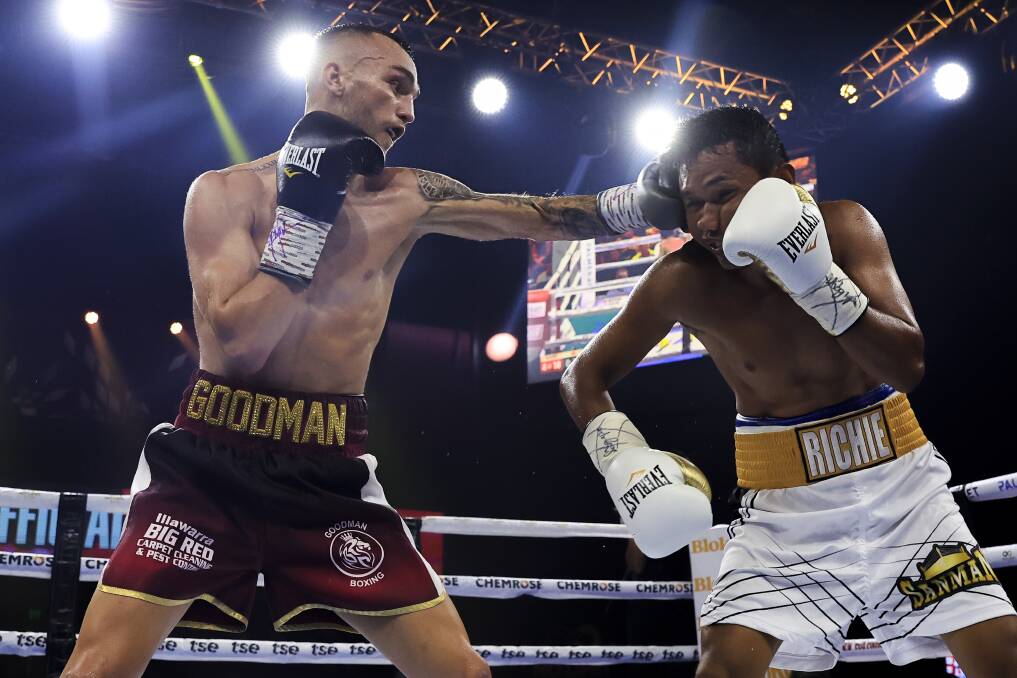 PRECISION: Sam Goodman (left) lands a jab en route to a stoppage win over Richie Mepranum in December. Picture: Getty Images