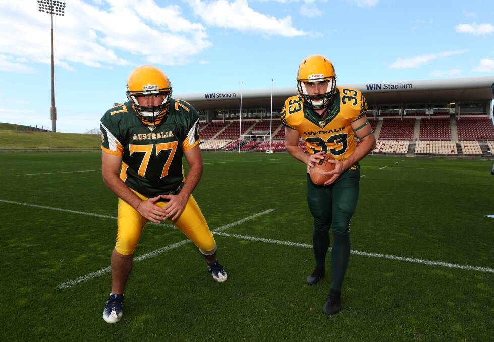 BITTER PILL: Jordan Stalker and Aaron McEvoy at the WIN stadium launch of the 2019 IFAF World Championships. The tournament has since been postponed. Picture: Greg Ellis