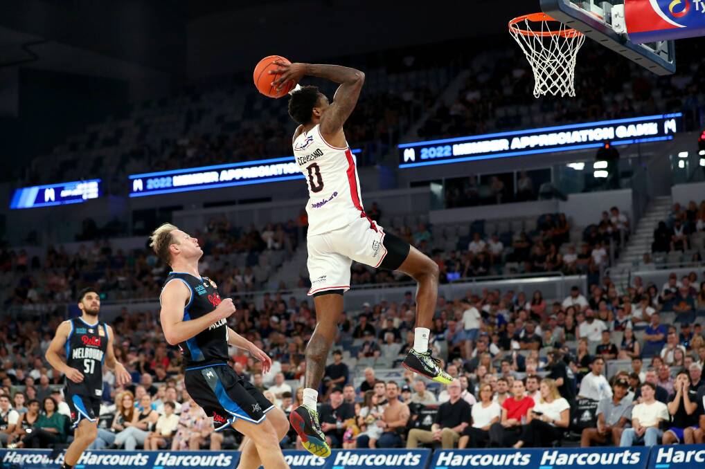 STAR: Antonius Cleveland slams home two of his 20 points in the Hawks win over Melbourne United on Sunday. Picture: Getty Images
