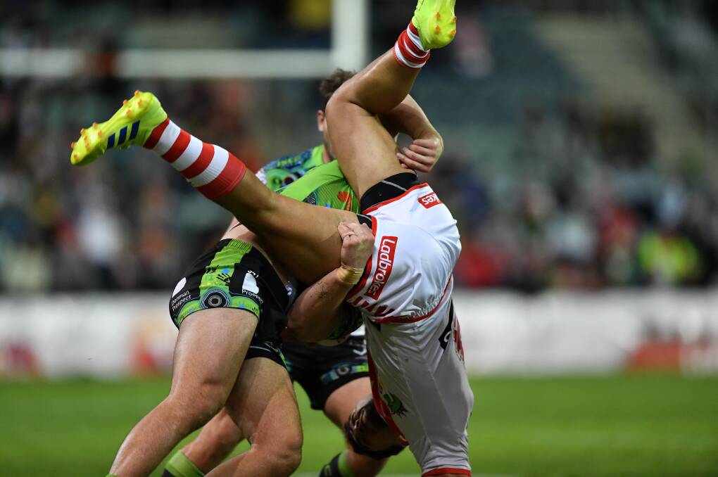 NASTY: Nick Cotric became the first player sent off for a dangerous throw since 1995 for this tackle on Tim Lafai on Sunday night. Picture: NRL Photos