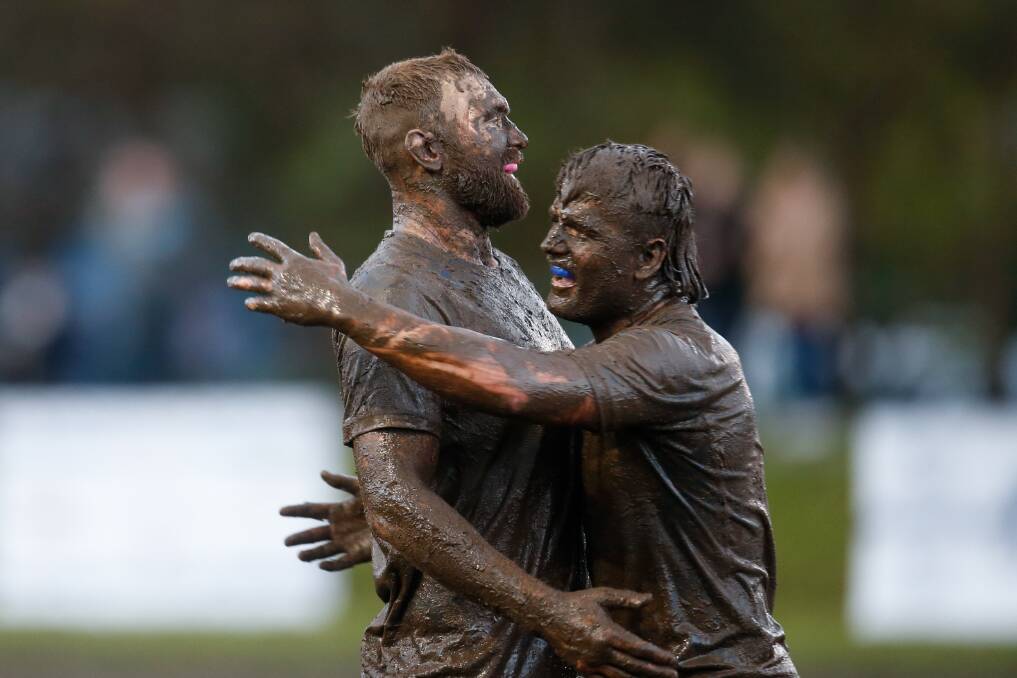 GRIND: Butchers captain Damian Sironen celebrates victory with teammate Harry Leddy on Saturday. Picture: Anna Warr