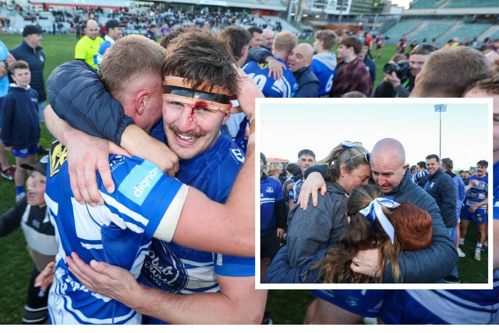 Hayden Crosland (main) and Jarrod Costello (inset celebrates with family) were the Butchers lone survivors to atone for the club's 2018 heartbreak. Pictures by Adam McLean