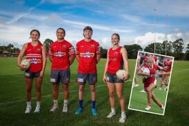 Steelers captains L-R Tahlia OBrien, Daniel Meadou, Lexin ODea and Kasey Reh and Evie McGrath (inset) ahead of Saturday's 'Day of Steel' at WIN Stadium. Picture by Adam McLean
