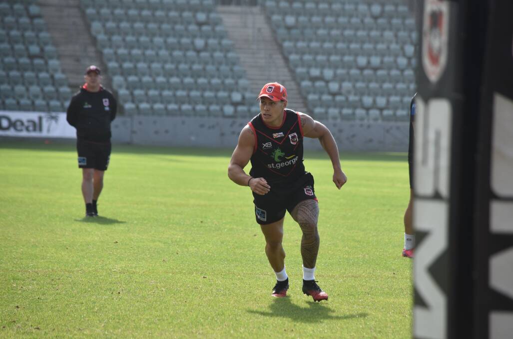COILED: Dragons back-rower Tyrell Fuimaono is looking to unleash against the Warriors on Saturday. Picture: Dragons Media