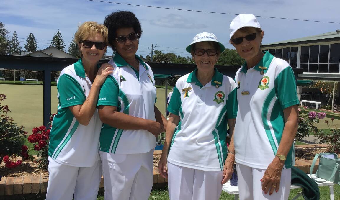 FUN: Wiseman Park's Kim Suckley and Dapto Citizen's Sophie Paseka, Linda Headington and Sally Goulding. Picture: MILLIE RANDALL 