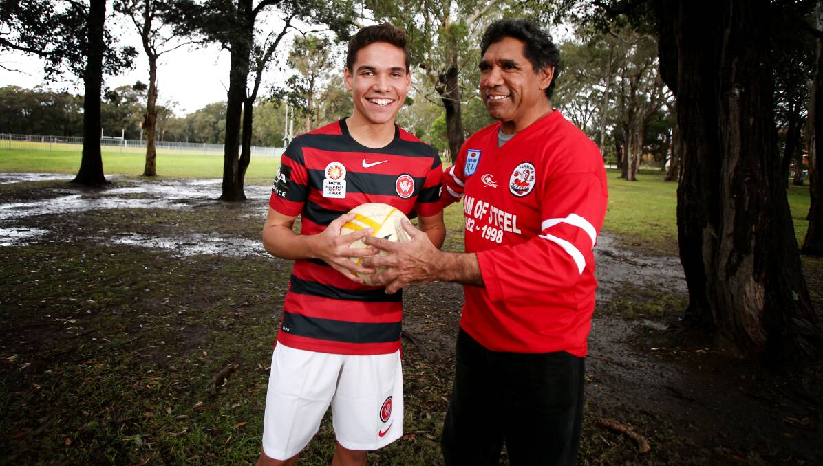 Tate Russell, who plays for Western Sydney Wanderers, with former Steelers great and dad Ian Russell. Picture: SYLVIA LIBER