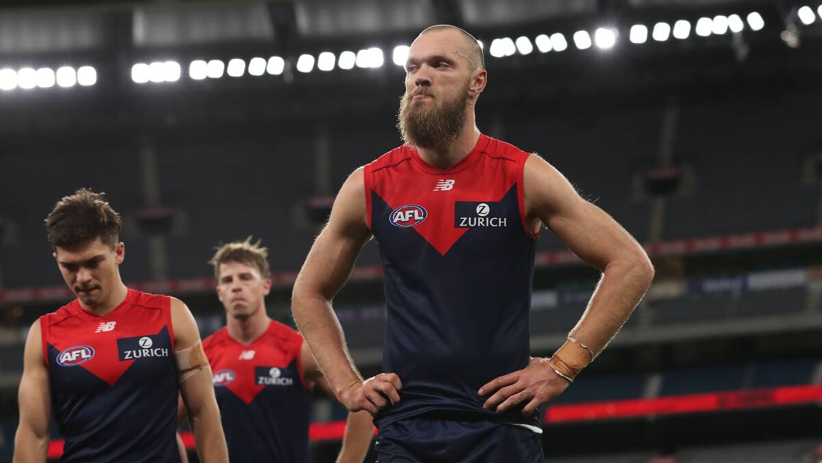 On the move: Max Gawn and the Melbourne Demons. Picture: Graham Denholm/AFL Photos via Getty Images