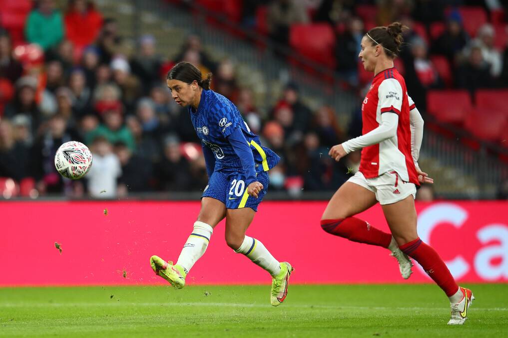 Star power: Sam Kerr scores from a chip in the FA Cup final. Picture: Chris Lee/Chelsea FC via Getty Images