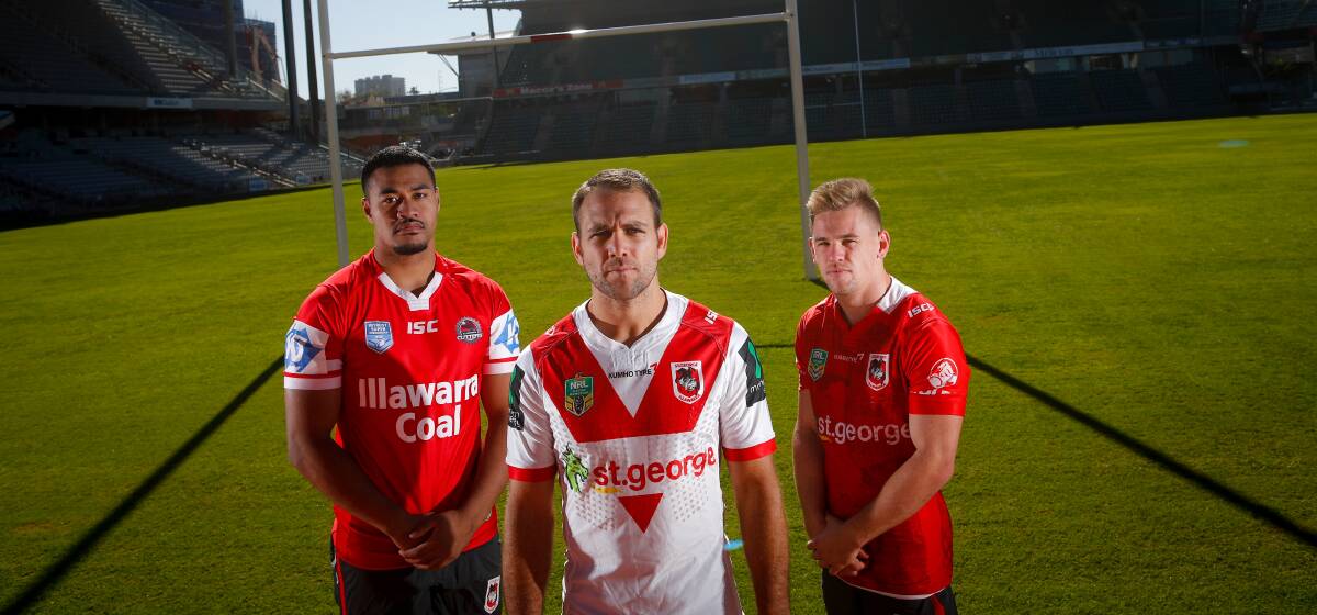 Next step: Matt Dufty (right) with Illawarra Cutters player Izaac Thompson and Dragons winger Jason Nightingale. Picture: Adam McLean