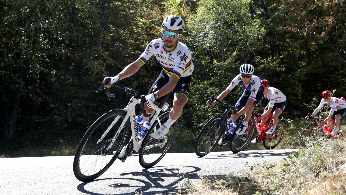 Time to shine: Julian Alaphilippe wearing the rainbow jersey at the Tour de l'Ain this week. Picture: Bas Czerwinski/Getty Images
